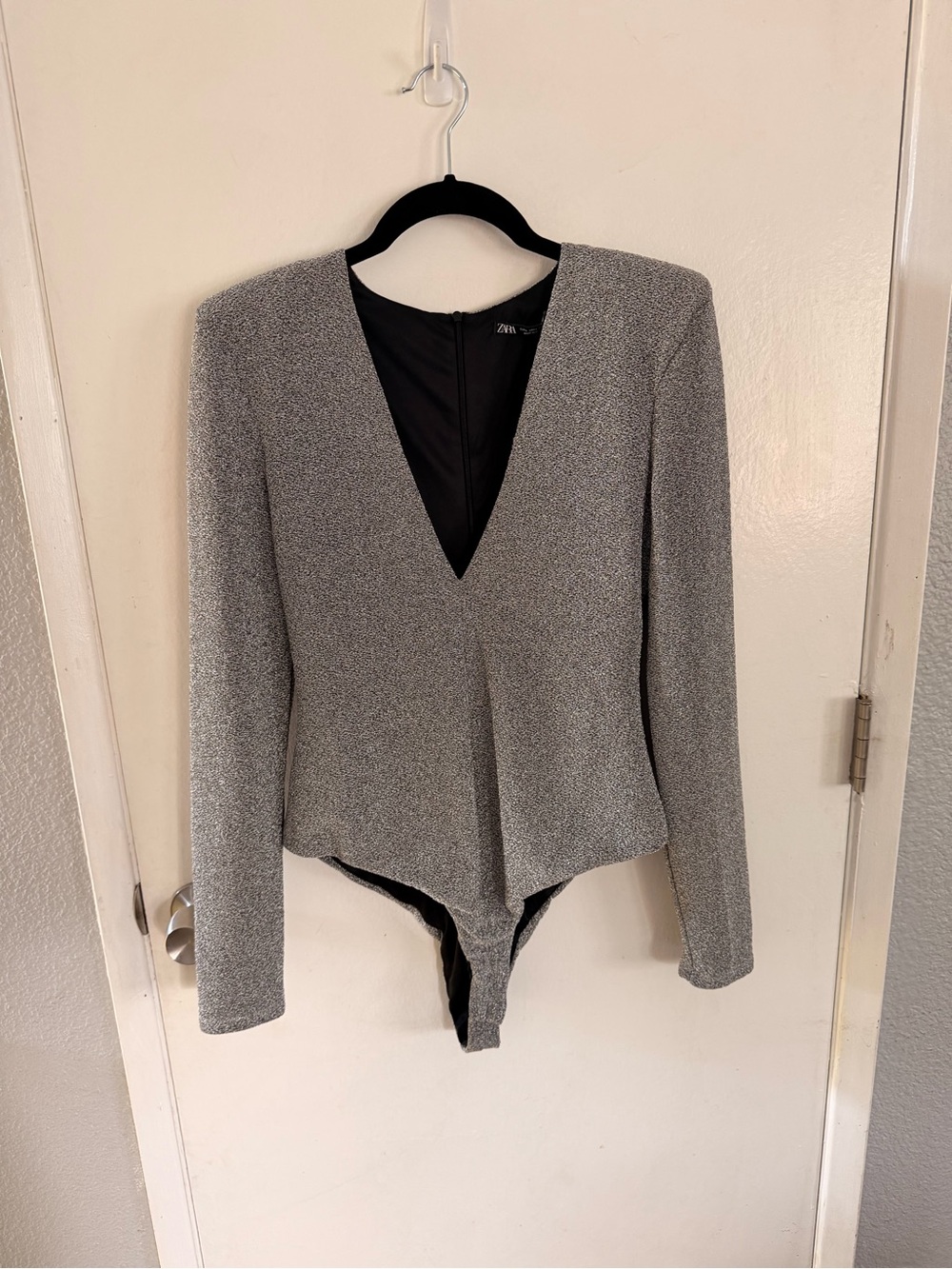 Zara Silver-Gray Long Sleeve V-Neck Bodysuit
